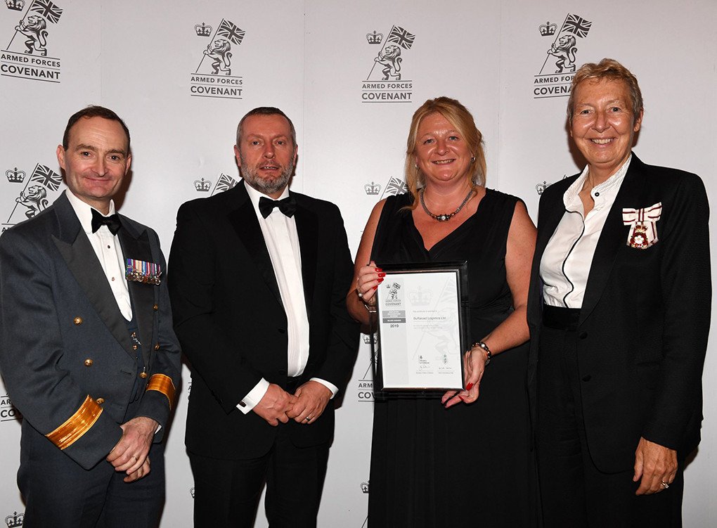 Buffaload Head of People, Lesa Nicholson and Compliance Director Julian Boulton receive the Armed Forces Covenant Employer Recognition Scheme Silver Award.